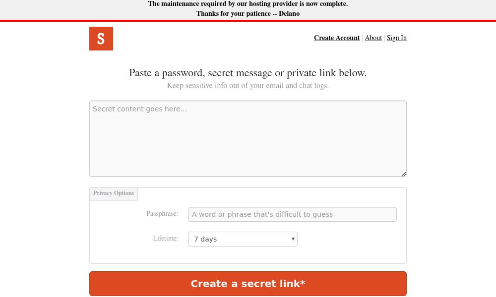 Screenshot of One Time Secret
